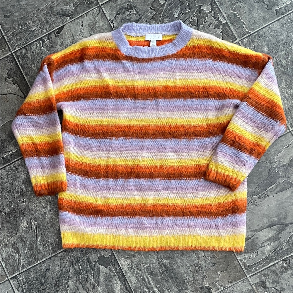 TOPSHOP Woman’s Striped Multicolor Fuzzy Cozy Sweater Cottagecore Coastal Preppy